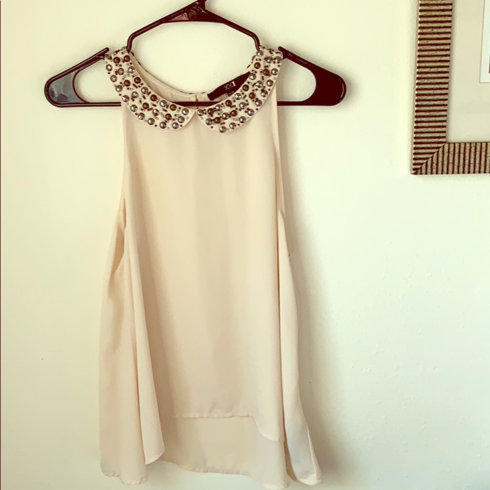 Jeweled beige collar blouse